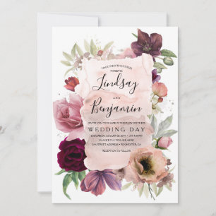 Erdige Töne Burgunderrot Florale Vintage-Hochzeit Einladung