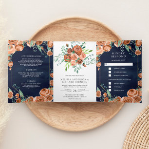 Erdige verbrannte Orange Florale Navyblaue Hochzei Dreifach Gefaltete Einladung