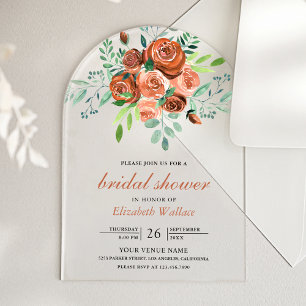Erdige verbrannte orange Rosen Bouquet Brautdusche Acryleinladungen