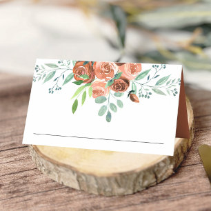 Erdige verbrannte orange Rosen Florale Hochzeit Platzkarte