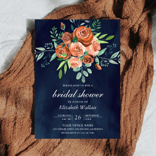 Erdige verbrannte orange Rosen Navy Blau Brautpart Einladung