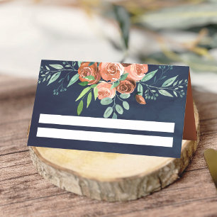 Erdige verbrannte orangefarbene Rosen Florale navy Platzkarte
