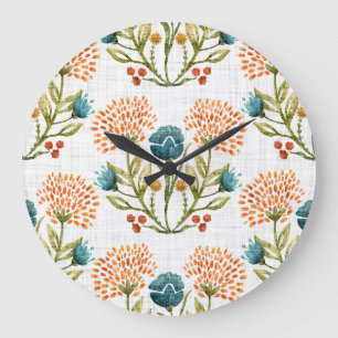 Erdige Whimsical: Wasserfarbenes Blumenmotiv. Große Wanduhr
