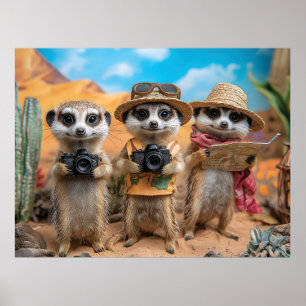 Erdmännchen als Touristen verkleidet mit Kameras u Poster