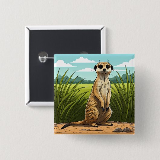 Erdmännchen steht wachsam in einem Grasfeld Button (Vorne & Hinten)