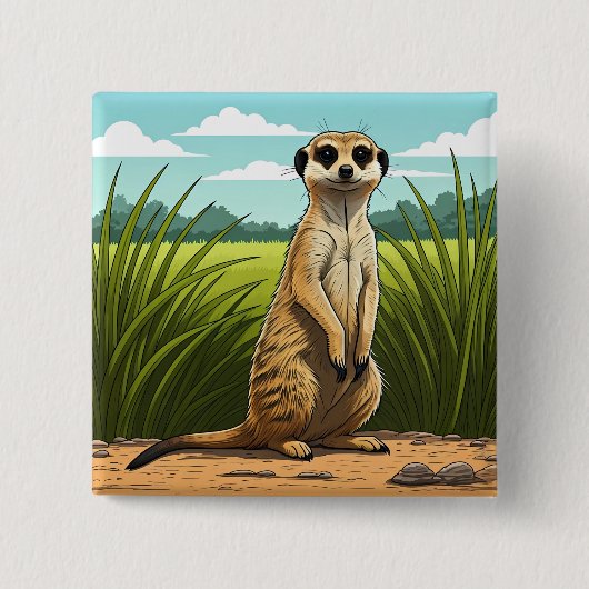 Erdmännchen steht wachsam in einem Grasfeld Button (Vorderseite)