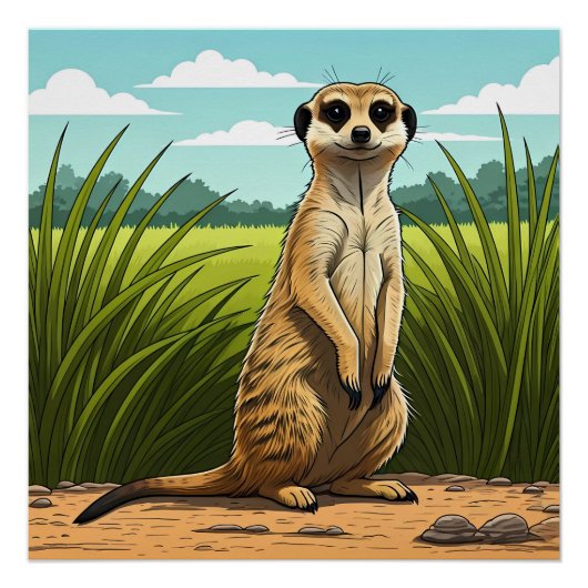 Erdmännchen steht wachsam in einem Grasfeld Poster (Vorderseite)