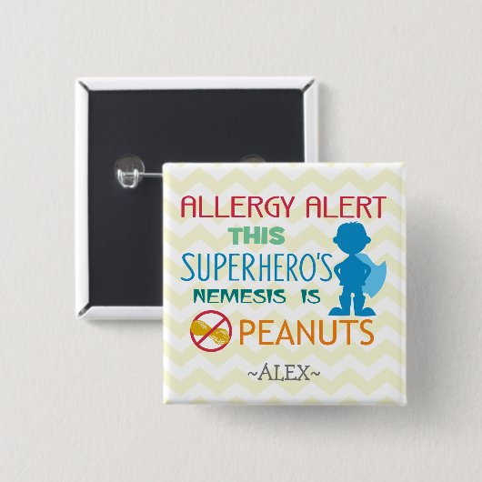 Erdnuss-Allergie-Alarm-Superheld-Jungen-Knopf Button (Vorne & Hinten)