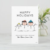 Erdnüsse | 3 Person Snowman Feiertagskarte (Stehend Vorderseite)