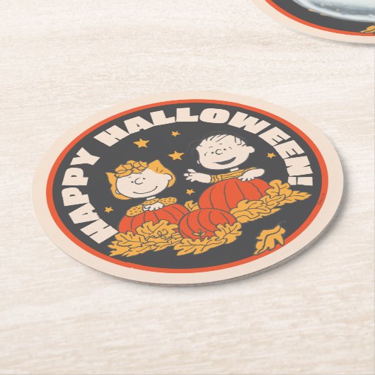Erdnüsse | Frohe Halloween Sally & Linus Runder Pappuntersetzer (Angewinkelt)