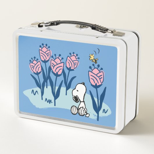 Erdnüsse | Garten mit Snoopie und Holzblumen Metall Brotdose (Rückseite)