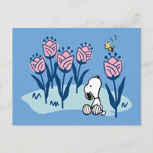 Erdnüsse | Garten mit Snoopie und Holzblumen Postkarte (Vorderseite)