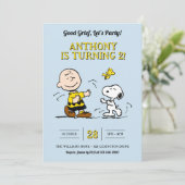 Erdnüsse, großer Kummer! Lasst uns feiern! Geburts Einladung (Stehend Vorderseite)