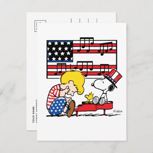 Erdnüsse | Patriotic Schroeder, Woodstock & Snoopy Postkarte (Vorne/Hinten)