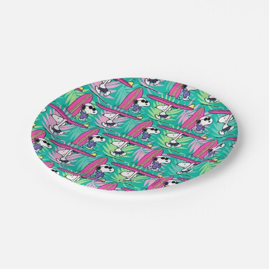 Erdnüsse | Snoopy Aquamarin Surfmuster Pappteller (Schrägansicht)