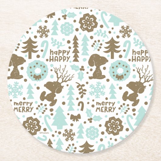 Erdnüsse | Snoopy Frostiges Weihnachtsmuster Runder Pappuntersetzer (Vorderseite)