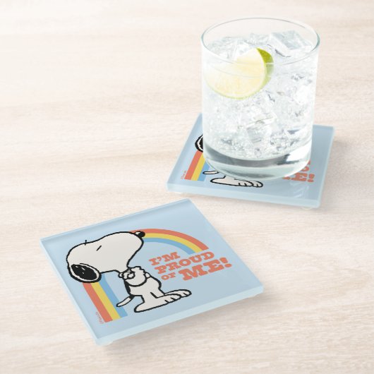 Erdnüsse | Snoopy Ich bin stolz auf mich Glasuntersetzer (Schrägansicht)