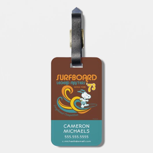 Erdnüsse | Snoopy Surfboard Longboard Wettbewerb Gepäckanhänger (Rückseite vertikal)