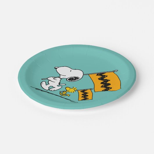Erdnüsse | Snoopy- und Holzflaggen Pappteller (Schrägansicht)