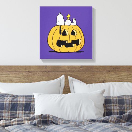 Erdnüsse | Snoopy und Jack-O-Lantern aus Holz Leinwanddruck (Insitu (Schlafzimmer))