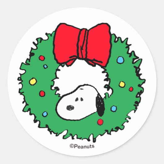 Erdnüsse | Snoopy-Weihnachtskranz & Schleife Runder Aufkleber (Vorderseite)