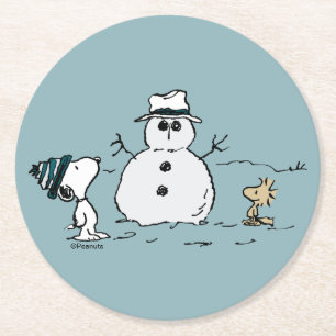 Erdnüsse   Snoopy & Woodstock Bau a Snowman Runder Pappuntersetzer