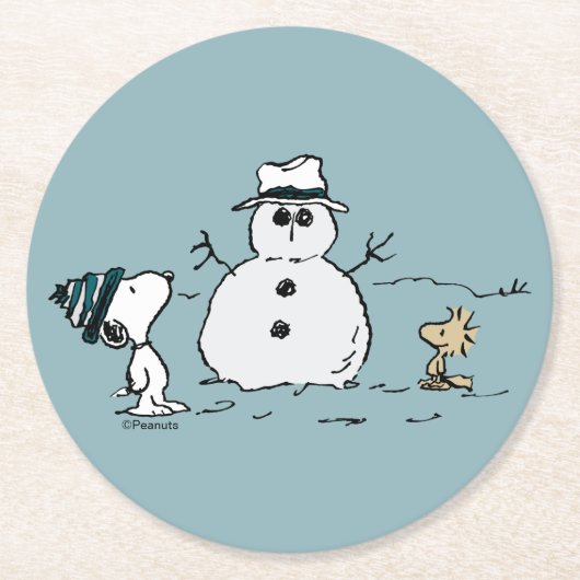 Erdnüsse | Snoopy & Woodstock Bau a Snowman Runder Pappuntersetzer (Vorderseite)
