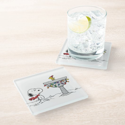 Erdnüsse | Snoopy & Woodstock Gefrorenes Birdbad Glasuntersetzer (Schrägansicht)
