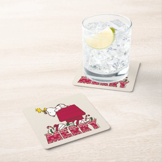 Erdnüsse | Snoopy & Woodstock Merry Ugly Sweater Rechteckiger Pappuntersetzer (Vor Ort)