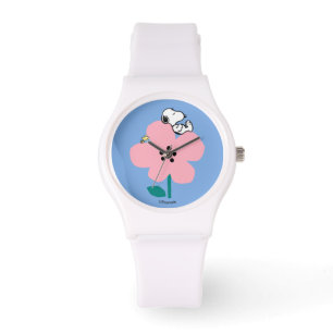 Erdnüsse   Snoopy & Woodstock Nickerchen auf rosa  Armbanduhr