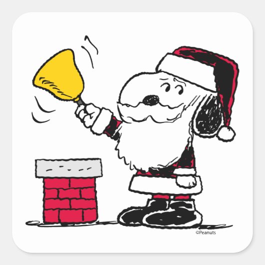Erdnüsse | Snoopy & Woodstock Santa Bell Ringer Quadratischer Aufkleber (Vorderseite)