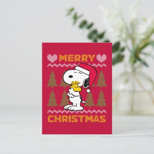 Erdnüsse | Snoopy & Woodstock Santa Claus Hug Postkarte (Stehend Vorderseite)