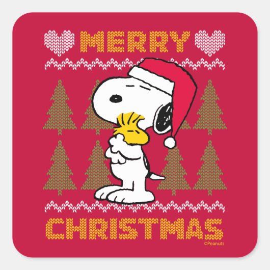 Erdnüsse | Snoopy & Woodstock Santa Claus Hug Quadratischer Aufkleber (Vorderseite)