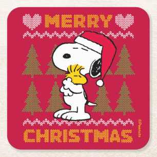 Erdnüsse   Snoopy & Woodstock Santa Claus Hug Rechteckiger Pappuntersetzer