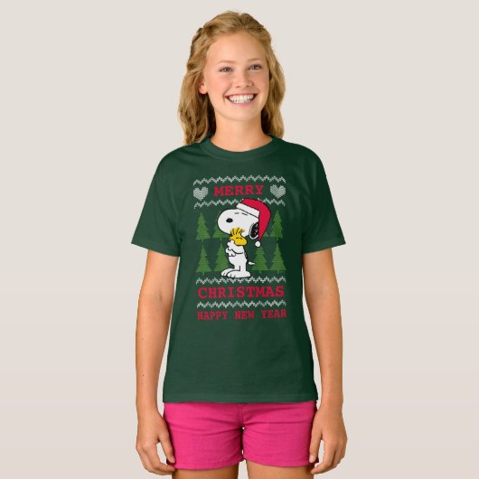 Erdnüsse | Snoopy & Woodstock Santa Claus Hug T-Shirt (Vorne ganz)