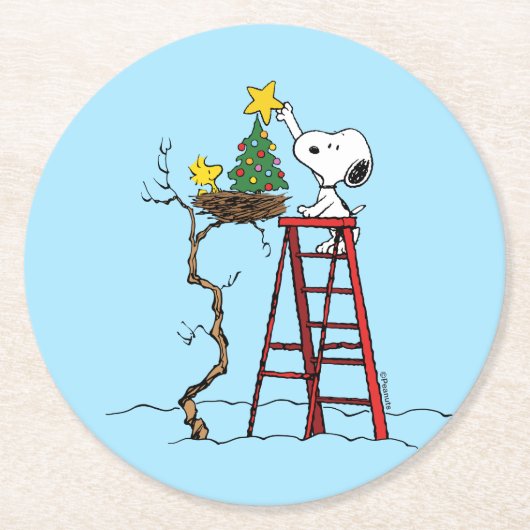Erdnüsse | Snoopy & Woodstock Weihnachtsbaum Runder Pappuntersetzer (Vorderseite)