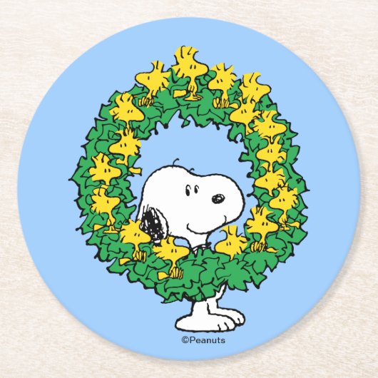 Erdnüsse | Snoopy & Woodstock Weihnachtskranz Runder Pappuntersetzer (Vorderseite)