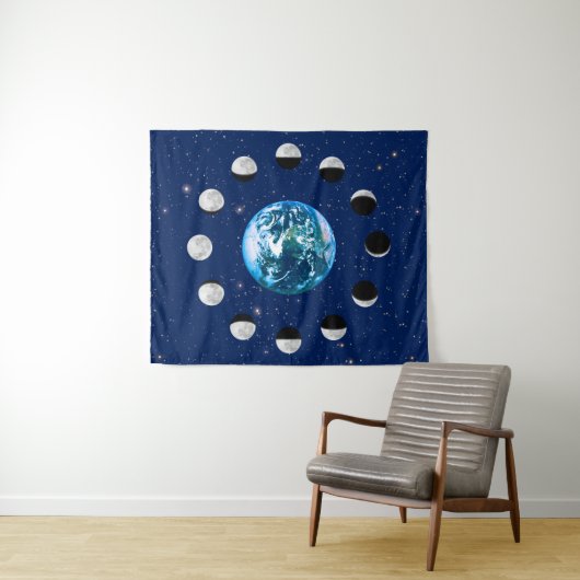 Erdphasen und Mondphasen im Hintergrund der Sterne Wandteppich (Beispiel (Horizontal))