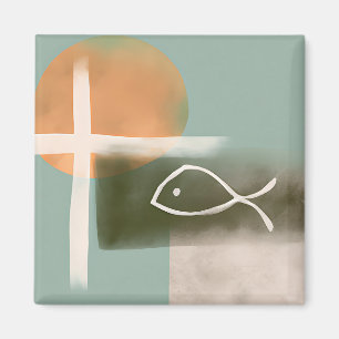 Erdtöne Kreuz und Fisch Minimalistische Kunst  Magnet