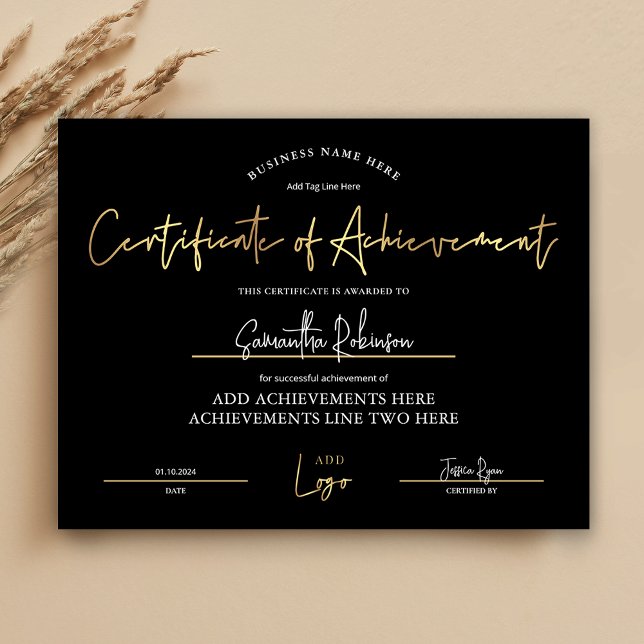 Erfolgsprämie Schwarzes Gold-Logo Studentendiplom (Elegant black and gold Certificate of Achievement with space for your logo)