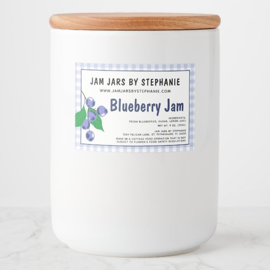 Erforderlicher Text-Blueberry-Jam in der Hütte Kar Lebensmitteletikett (Vorderseite)