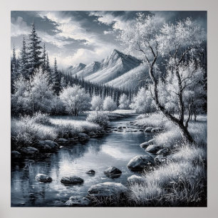 Erhabene Berglandschaft mit Fluss, Kiefern Poster