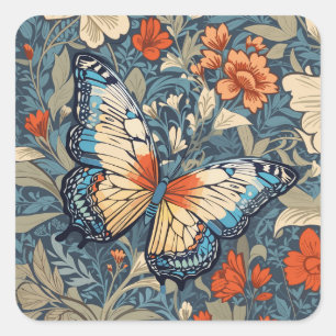 Erhabener Schmetterling unter William Morris Blume Quadratischer Aufkleber