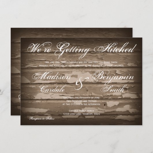 Erhalten der Hitched rustikalen hölzernen Einladung (Vorne/Hinten)