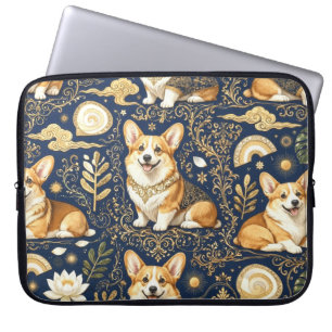Erhöhen Corgi-Hunde Gold Damast Navy Blau Muster  Laptopschutzhülle