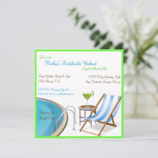 Erholungsort Bachelorette Einladung (Stehend Vorderseite)