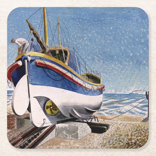 Eric Ravilious - Rettungsboot in Adelburgh, Rechteckiger Pappuntersetzer (Vorderseite)