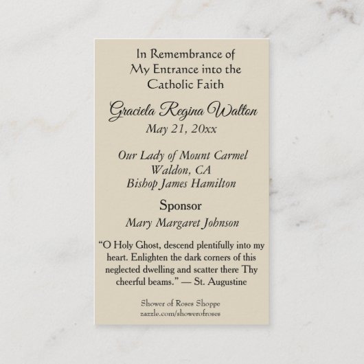 Erinnerung an die Heilige Karten Beruf Glaube RCIA (Rückseite)