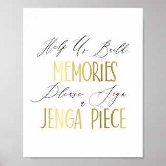 Erinnerungen bauen, ein Jenga-Hochzeitszeichen unt Poster