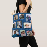Erinnerungen Classic Blue Trendy 18 Fotocollage Tasche<br><div class="desc">Personalisieren Sie diese modische Classic Blue Foto Collage Tote Tasche mit moderner Typografie, Seegrenzen, individuellem Text und Platz für bis zu 18 Ihrer Lieblings-Fotos. Ein super Weg, um Ihre niedlichen Instagram-Bilder anzuzeigen. In der hellblauen verstreuten Text (Erinnerungen, Familie, Freunde) ist Platz für einen Namen Ihrer Wahl, der leicht mit der...</div>